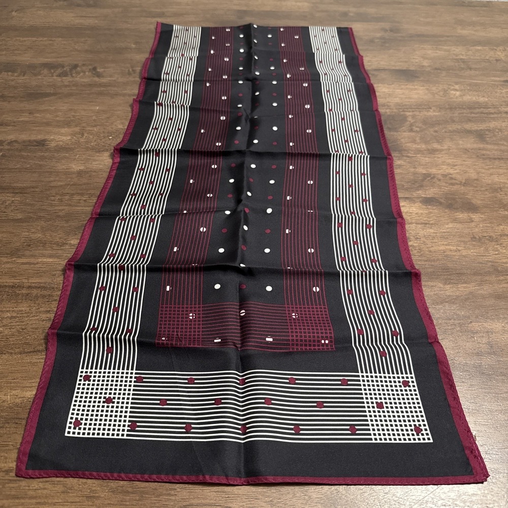 VTG Talbots 100% Silk Scarf Black Burgandy White Polka Dots 13x62 Rectangular